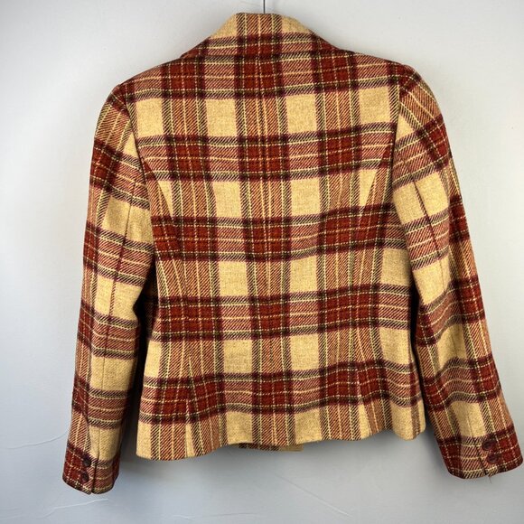 Laura Ashley 100% Wool Burgundy Tan Plaid Double Breasted Blazer Size 8 Preppy - Picture 6 of 9